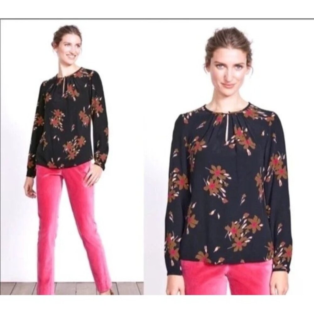 Boden Floral Mara Top Womens 4 Keyhole Black Gold Boho Business Casual Fairygoth